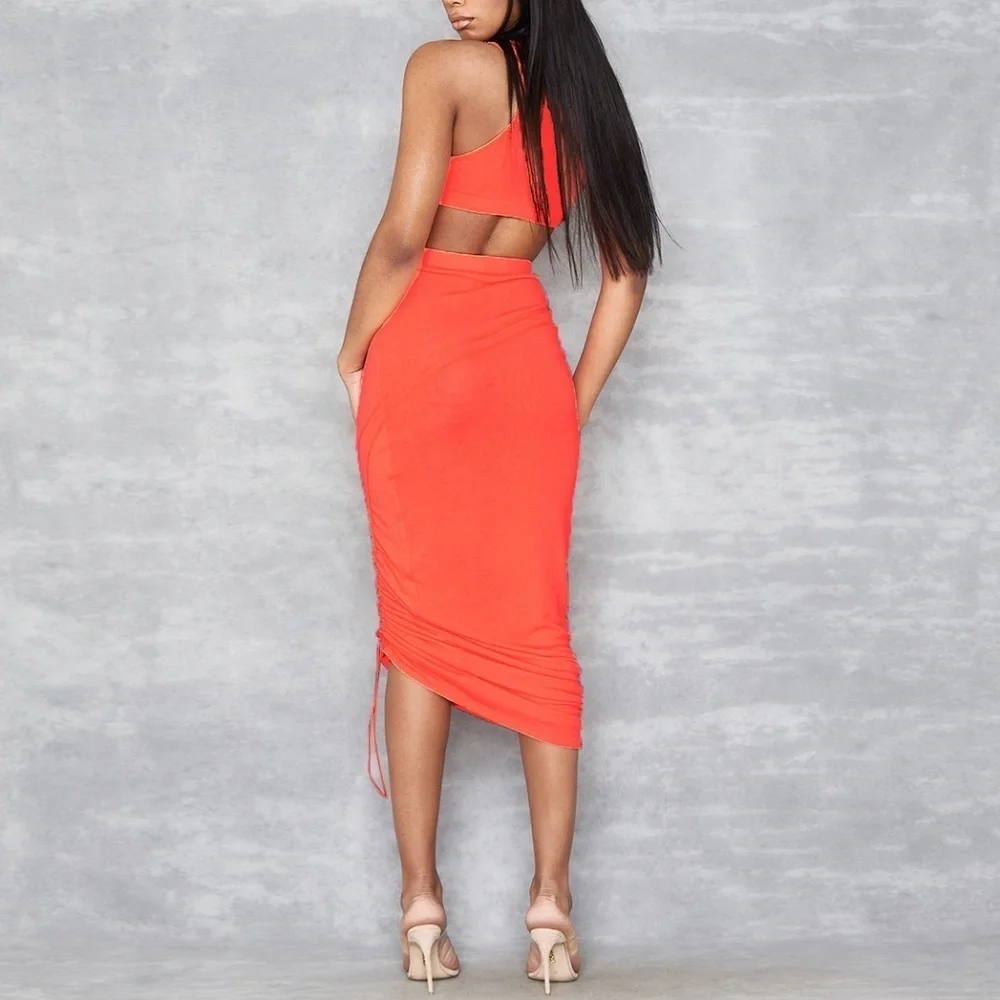 MISTRESS ROCKS SET: Neon Orange Drawstring Ribbed Maxi Skirt & Crop Top - Picture 2 of 10